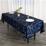 60"x102" Navy Blue Rectangle Polyester Tablecloth With Gold Foil Geometric Pattern