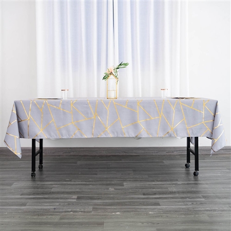 60"x102" Silver Rectangle Polyester Tablecloth With Gold Foil Geometric Pattern