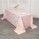 90"x132" Blush/Rose Gold Rectangle Polyester Tablecloth With Gold Foil Geometric Pattern