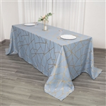 90"x132" Dusty Blue Rectangle Polyester Tablecloth With Gold Foil Geometric Pattern