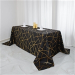 90"x132" Black Rectangle Polyester Tablecloth With Gold Foil Geometric Pattern