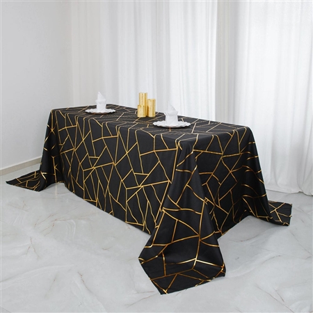 90"x132" Black Rectangle Polyester Tablecloth With Gold Foil Geometric Pattern