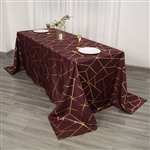 90"x132" Burgundy Rectangle Polyester Tablecloth With Gold Foil Geometric Pattern