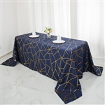 90"x132" Navy Blue Rectangle Polyester Tablecloth With Gold Foil Geometric Pattern