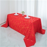 90"x132" Red Rectangle Polyester Tablecloth With Gold Foil Geometric Pattern