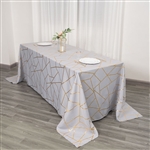90"x132" Silver Rectangle Polyester Tablecloth With Gold Foil Geometric Pattern