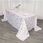 90"x132" White Rectangle Polyester Tablecloth With Gold Foil Geometric Pattern