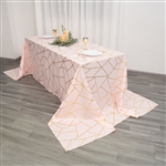 90"x156" Blush/Rose Gold Rectangle Polyester Tablecloth With Gold Foil Geometric Pattern
