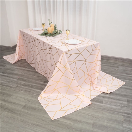 90"x156" Blush/Rose Gold Rectangle Polyester Tablecloth With Gold Foil Geometric Pattern