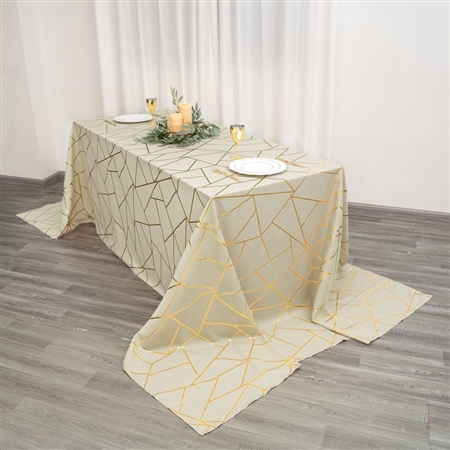 90"x156" Beige Rectangle Polyester Tablecloth With Gold Foil Geometric Pattern