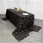 90"x156" Black Rectangle Polyester Tablecloth With Gold Foil Geometric Pattern
