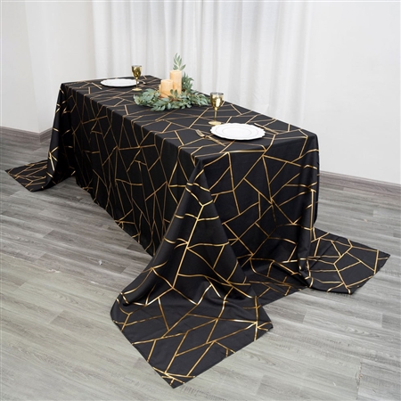 90"x156" Black Rectangle Polyester Tablecloth With Gold Foil Geometric Pattern
