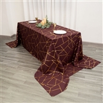 90"x156" Burgundy Rectangle Polyester Tablecloth With Gold Foil Geometric Pattern