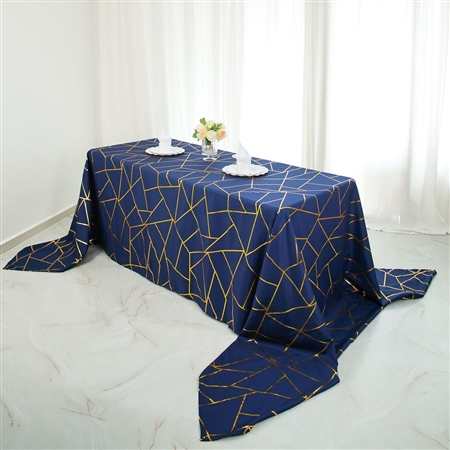 90"x156" Navy Blue Rectangle Polyester Tablecloth With Gold Foil Geometric Pattern