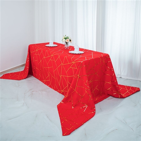 90"x156" Red Rectangle Polyester Tablecloth With Gold Foil Geometric Pattern