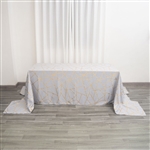 90"x156" Silver Rectangle Polyester Tablecloth With Gold Foil Geometric Pattern