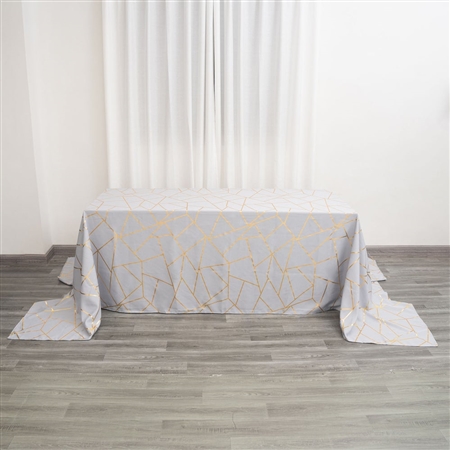 90"x156" Silver Rectangle Polyester Tablecloth With Gold Foil Geometric Pattern