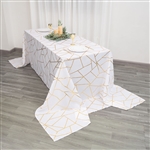 90"x156" White Rectangle Polyester Tablecloth With Gold Foil Geometric Pattern