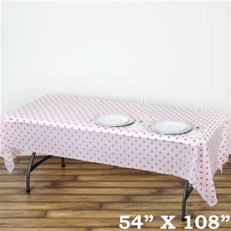 54" x 108" White/Pink Wholesale Waterproof Polka Dots Plastic Vinyl Tablecloth