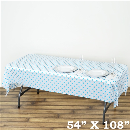 54" x 108" White/Serenity Blue Wholesale Waterproof Polka Dots Plastic Vinyl Tablecloth