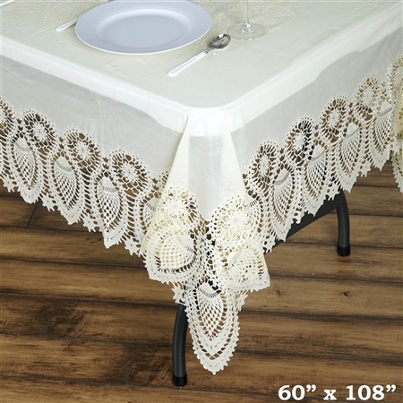 60"x108" Eco-Friendly Ivory 0.6mil Thick Waterproof Lace Vinyl Tablecloth Protector Cover