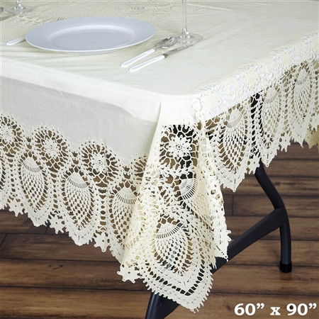 60" x 90" Eco-Friendly Ivory Waterproof Lace Vinyl Tablecloth Protector Cover
