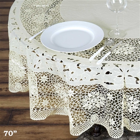 70" Eco-Friendly Ivory 0.6mil Thick Waterproof Lace Vinyl Round Tablecloth Protector Cover
