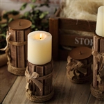 Wooden Pillar Candle Holders with Burlap Ribbons and Hanging Stars - 8"/7"/5"/4" - Set of 4