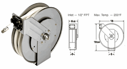 Heavy duty stainless steel spring rectractable hose reel ideal for air, water and chemical. Available for 3/8" & 1/2 ID up to 70' length."