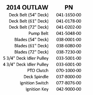 14OUTEXTQR Bad Boy Mowers Part 2014 OUTLAW & EXTREME QUICK REFERENCE