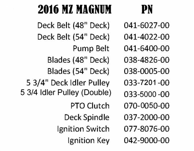 16MZMAGQR Bad Boy Mowers Part 2016 MZ MAGNUM QUICK REFERENCE