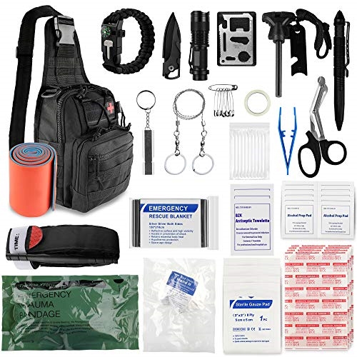 Emergency Survival Kit, 151 Pcs Survival Gear First Aid Kit, Outdoor Trauma Bag With Tactical Flashlight Knife Pliers Pen Blanket Bracelets Compass Fo