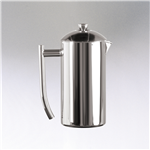 The Frieling French Press in polished stainless steel finish, an image showing details of assembly and all parts that are included. Comes with stick, nut, plunger, lid, screens, cross, and plate.
