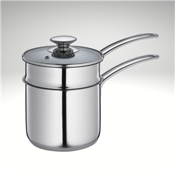 Image of the Kuchenprofi Mini Double Boiler with glass lid, stainless steel and two handles on the side.