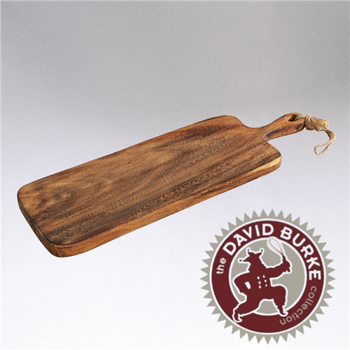 Beautiful acacia wood serving board twenty four inches by eight inches, sustainable and robust enough to resist water damage.