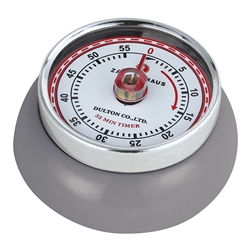 Adorable retro style kitchen timer in the shade cool gray. Super strong magnetic back, classic red markings, and turn dial to set the time up to 60 minutes.