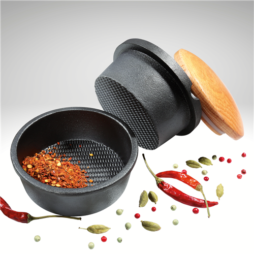 "XL" Spice Buddy, cast iron with beech wood lid, 5.4"H x 5.4"D x 3.8" dia.