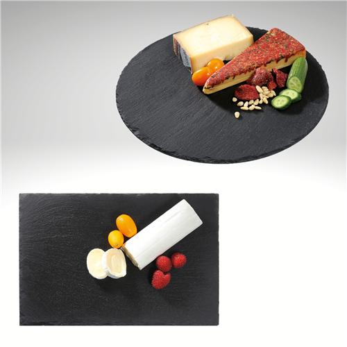 Image of all four serving board shapes, rectangular, round, square, and paddle with cheese and crackers on top of black slate.