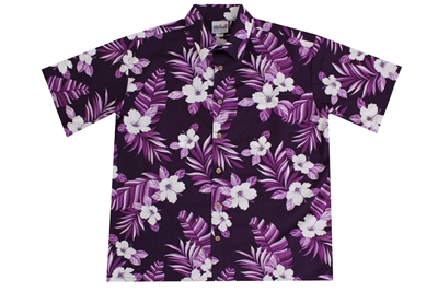 Mens purple Hawaiian shirt with hibiscus flowers and fronds in a allover print