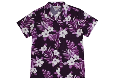 Womens purple Hawaiian shirt with white hibiscus flowers and torn banana leaf