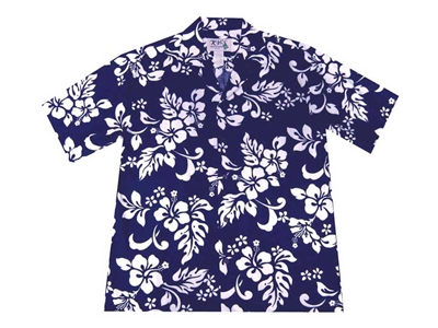Mens blue Aloha shirt with a traditional blue and white hibiscus flower print allover the shirt.