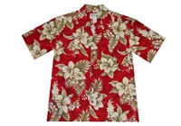 Womens red Aloha shirt with hibiscus flowers and flora