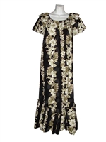 Womens traditional long black Hawaiian muumuu dress with a vertical hibiscus flower and banana leaf design