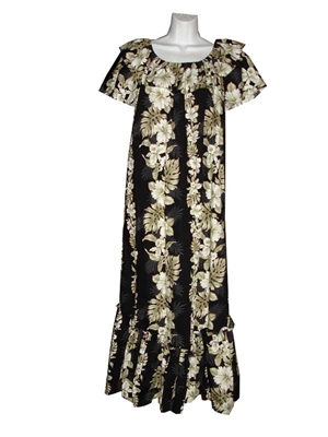 Womens traditional long black Hawaiian muumuu dress with a vertical hibiscus flower and banana leaf design