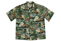 Green mens Aloha shirt with tan and brown colored Woodie cars, green palm trees and white hibiscus flowers