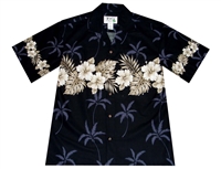 Mens black Aloha shirt with Hawaii leafs and flowers on chestband, back and sleeves
