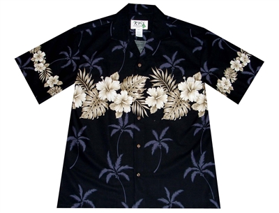 Mens black Aloha shirt with Hawaii leafs and flowers on chestband, back and sleeves