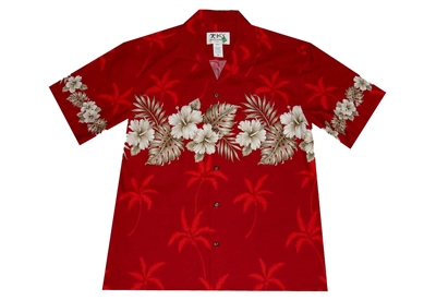 KYs red mens Aloha shirt with hibiscus flowers on sleeves, chest-band and back