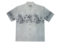 mens white aloha shirt with black leafs and flowers on chestband, back and sleeves