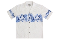 Mens white Aloha shirt with navy blue leafs and flowers on chestband, back and sleeves